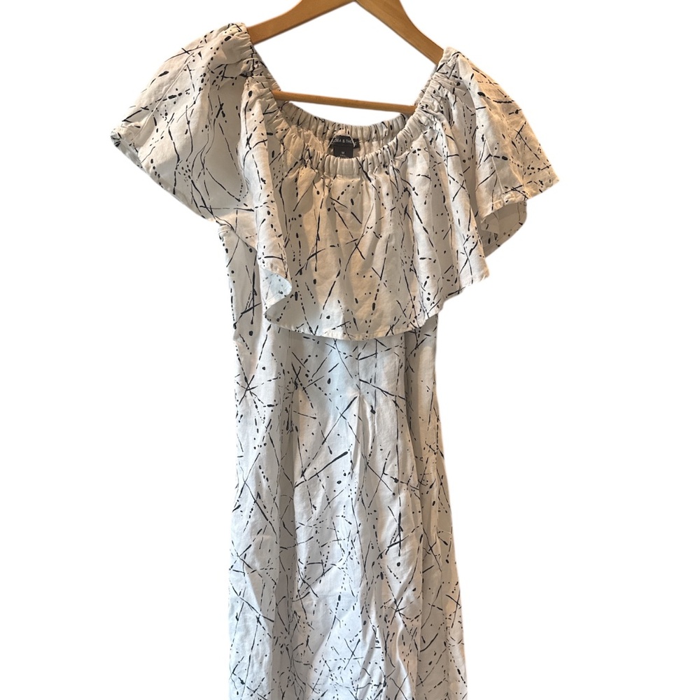 Chelsea & Theodore Linen Blend Off Shoulder Dress NWT Medium‎ White/Black Summer